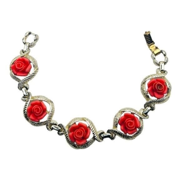 Mid Century Sarah Coventry Set Fashion 1960s Necklace and Bracelet Coral Roses - Picture 5 of 12